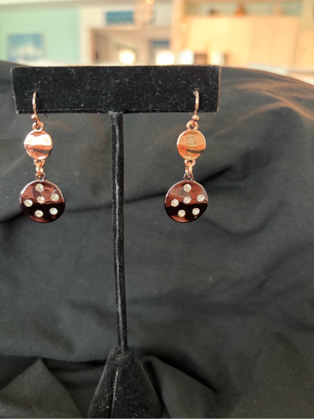 LC Lauren Conrad Rose Gold and Dark Brown Disc Drop Earrings with Crystals